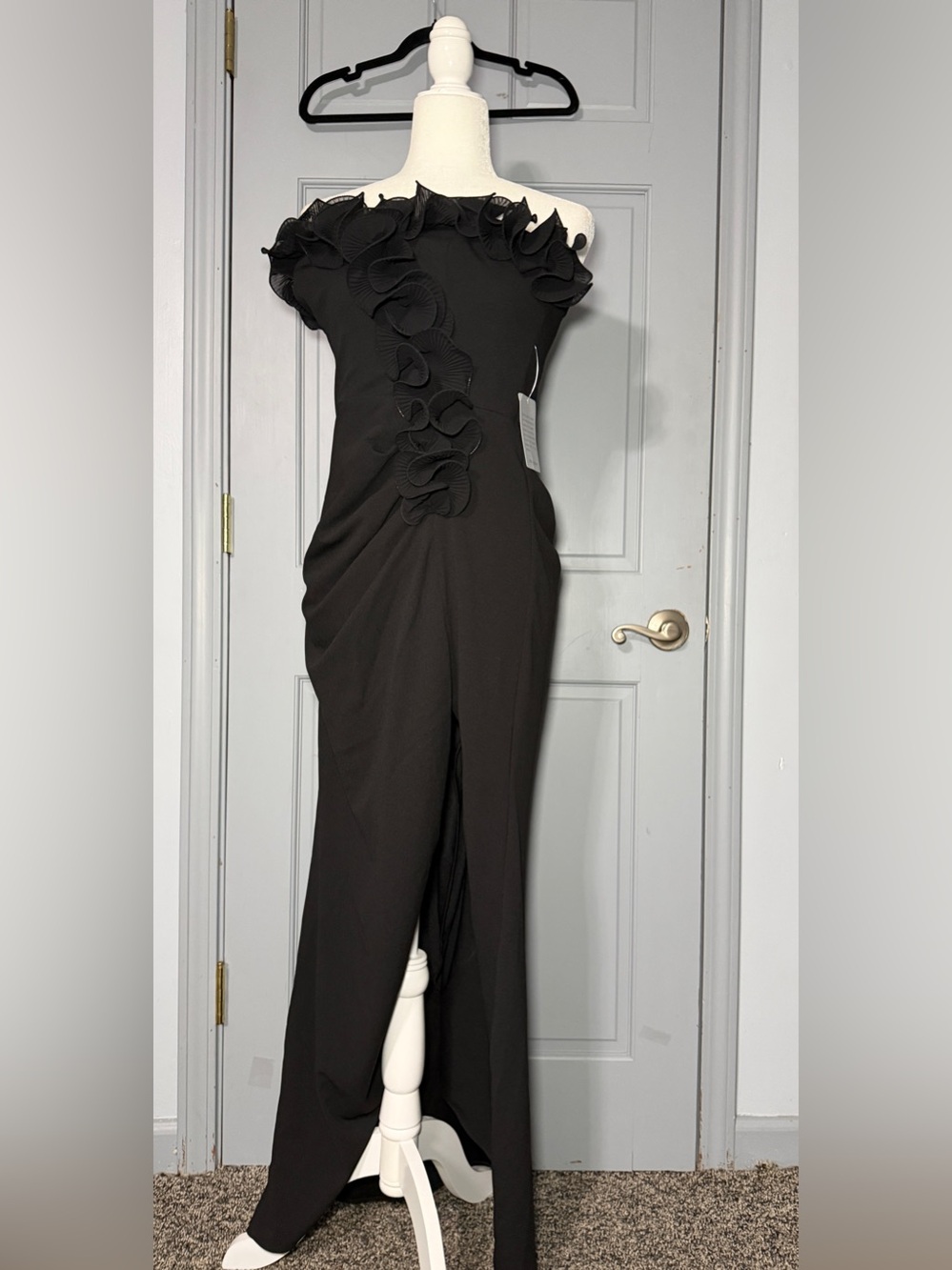 Xscape Black Strapless Ruffle Column Gown